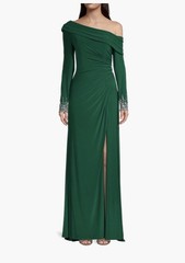 Mac Duggal 14 Green Solid One Shoulder Long Sleeve Beaded Slit Long Gown
