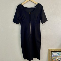 Boden Black Ponte Sheath Dress Gold Back Zip Pintuck Waist Old Money – US 8L