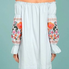 NWT Free People Fleur Du Jour Light Blue Embroidered OTS Mini Dress Women&rsquo;s XS