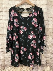 Speechless Dress Womens Large Black Floral Twist Sleeves Lace Trim Fit & Flare