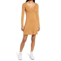 Nordstroms BP Women&rsquo;s Long Sleeve Print Knit Dress In Tan Warpy Dot Size M NWT