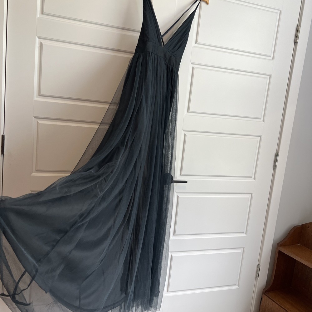 Luxxel Halter Strap Formal Gown Steel Blue Long Tulle Dress Ladies, size L NEW