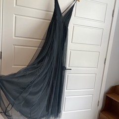 Luxxel Halter Strap Formal Gown Steel Blue Long Tulle Dress Ladies, size L NEW