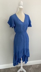 Walker Wade Smocked Short Flutter Sleeve Hi Low Midi Dress Resort Blue New S