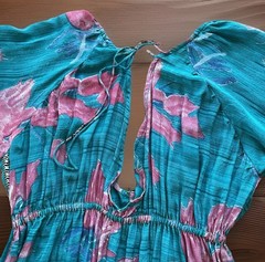 KANTHA BAE O/S 100% Silk Boho Teal Floral Pink Maxi Dress Keyhole Balloon Sleeve