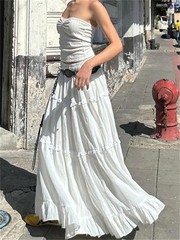 Fairycore Elegant White Smooth Hoop Dress Women&rsquo;s Elastic Waist Lotus Leaf Edge