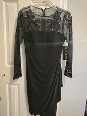 Xscape Black Sheer Mesh Beaded Ruched Sheath Long Sleeve Knee Dress 8