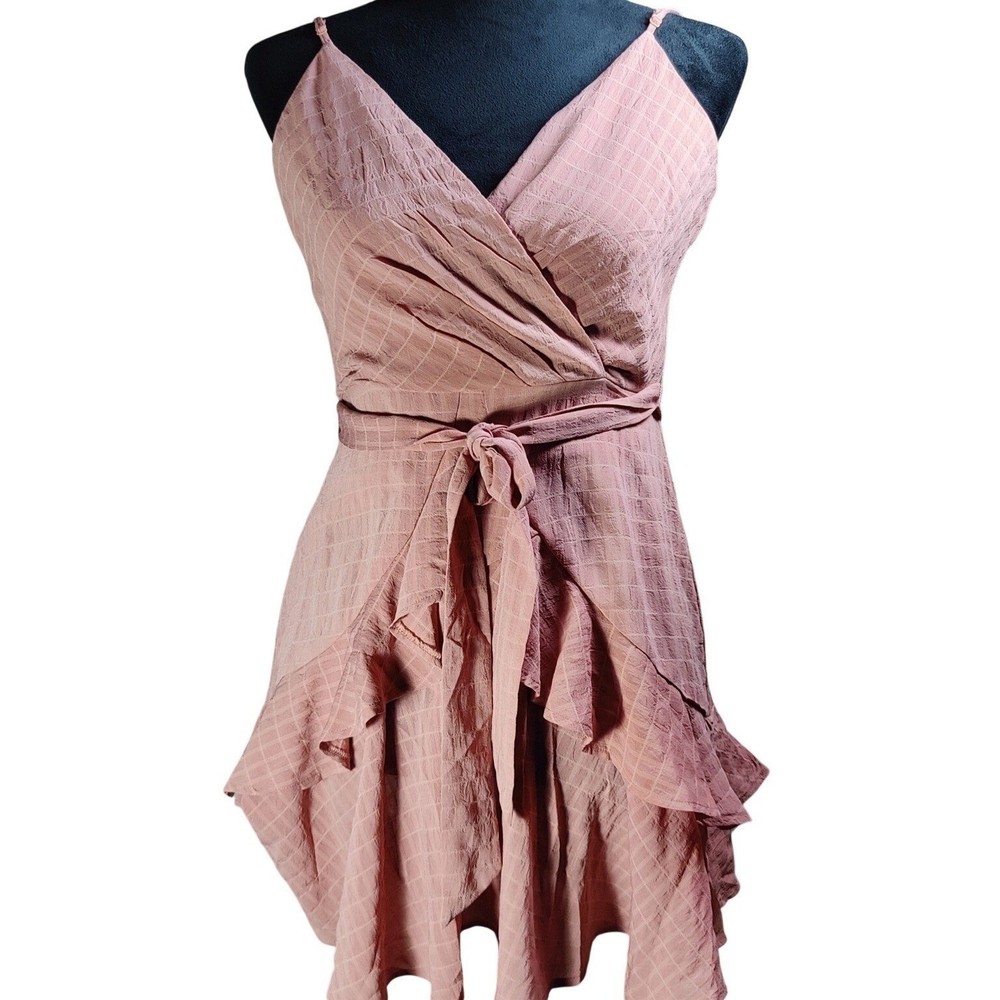 Trixxi Pink Plaid Ruffle Wrap Dress Spaghetti Strap V Neck Tie Waist feminine