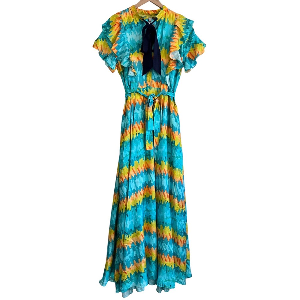 Anyango Mpinga Colorful Vibrant Ruffle Tie Neck Maxi Gown Dress Size Small