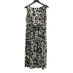 Midi Dress Womens L Black Cream Ikat Ruched Waist Sleeveless Boho Office