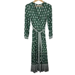 Boden Ophelia Wrap Dress Womens 8 Green White Jersey Block Print Tiered Maxi