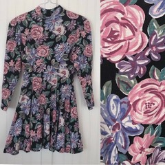 Vintage 90&rsquo;s Mini Dress Long Sleeve Black Floral Fit and Flare Shoulder Pads MED