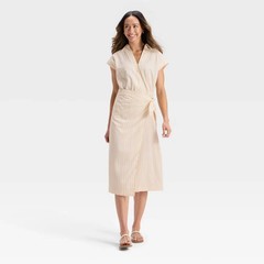 NEW W/TAG size LARGE Universal Thread midi shirt dress CREAM STRIPED WRAP