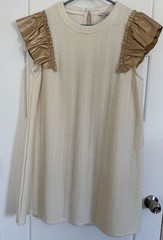 VOY Cream Cable Knit Mini Dress with Gold Faux Leather Ruffle Sleeves Size M