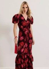 Phase Eight Floral Chiffon Maxi Dress V-Neck Tie Waist Puff Sleeve UK 8 RRP £179