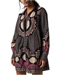 Free People Smell The Roses Mini Shirt Dress Tunic Bohemian Snap Front Sz Large