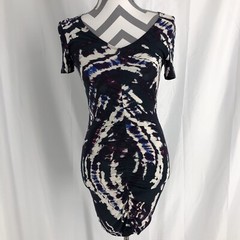 New Material Girl Dress Bodycon V Neck Short Sleeve Tie Dye Stretch Black Size S