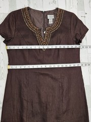 Chicos Vintage 100% Linen Beaded Shift Dress 0.5 US 6 Small Chocolate Brown