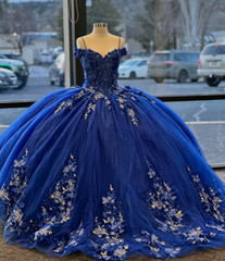 Royal Blue Quinceanera Dress Off Shoulder Glitter 3D Flowers Sweet 16 Ball Gown