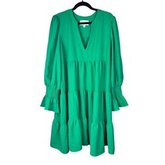 Pomander Place Kelly Green Tiered V-Neck Mini Dress Smocked Cuff Size XXXL