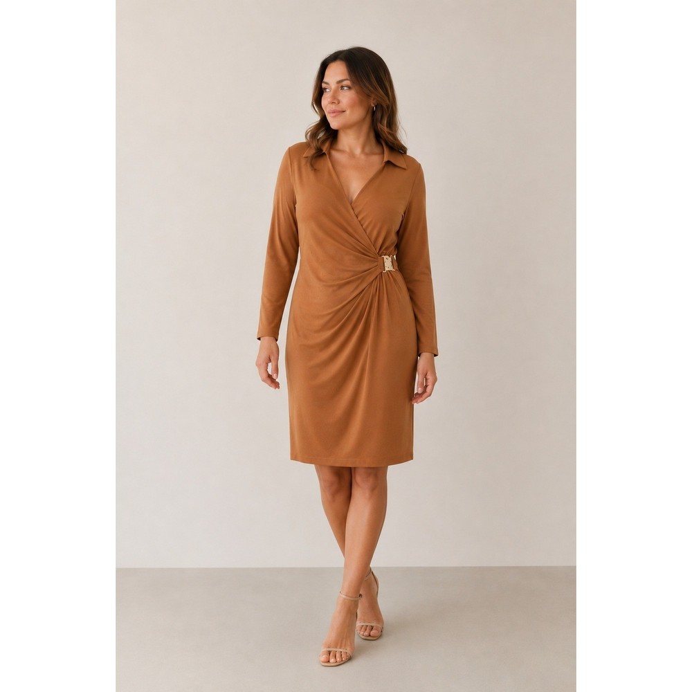 Anne Klein Rust Wrap-Front Collared Long-Sleeve Dress