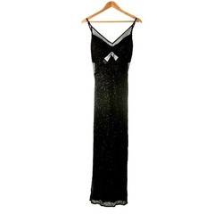 Vintage 90s Scala Silk Bead Formal Black Maxi Gown Dress L Petite Y2K Prom HOKO