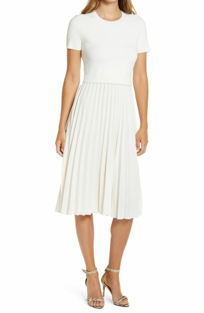 RACHEL PARCELL Ivory Cloud Pleated Crepe Skirt Mixed Media Knit Dress XXL 18 16W