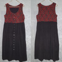Vintage Brown Corduroy Midi Jumper Dress Sz L Strawberry Cottagecore 90s Whimsy