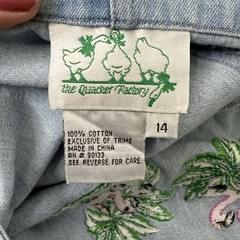 Vtg The Quacker Factory Denim Overall Dress 14 Flamingo Embroidered Midi Pockets