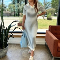 Miou Muse Striped Open Knit Midi Dress Collared Blue/White Size M NEW
