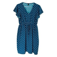 Emery Rose Teal Blue White Polka Dot Midi Dress M Flutter Sleeve V Neck Pockets