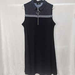 MSK Womens L Polka Dot Striped O-Ring Quarter Zip Sleeveless Shift Dress Navy W