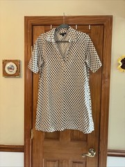 J Crew Polka Dot Linen Shirt Dress Size S Beige Black Preppy Parisian Classic