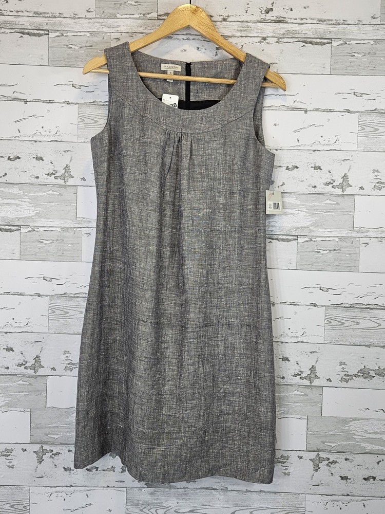 Madison 100% Linen Sleeveles Shift Dress 8 Black Gray Lined Minimalist
