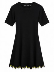 Proenza Schouler Black Knit Short Fit & Flare Dress w/ Zig-Zag Striped Edge Sz L