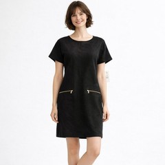 Ruby Rd Black Shift Dress Small NWT Gold Zip Pocket Chic Classic Faux Suede