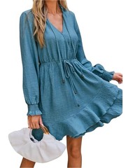Cupshe Teal Blue Boho Flowy Mini Dress Tie Waist Ruffle Hem Long Sleeve