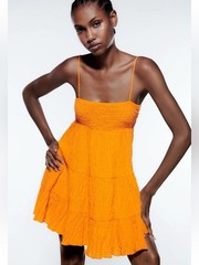 ZARA Orange Smocked Mini Dress XS Tiered Cotton Strappy Summer Babydoll
