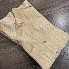 Michael Michael Kors Gold Metallic Striped Button Front Belted Shirt Dress Small