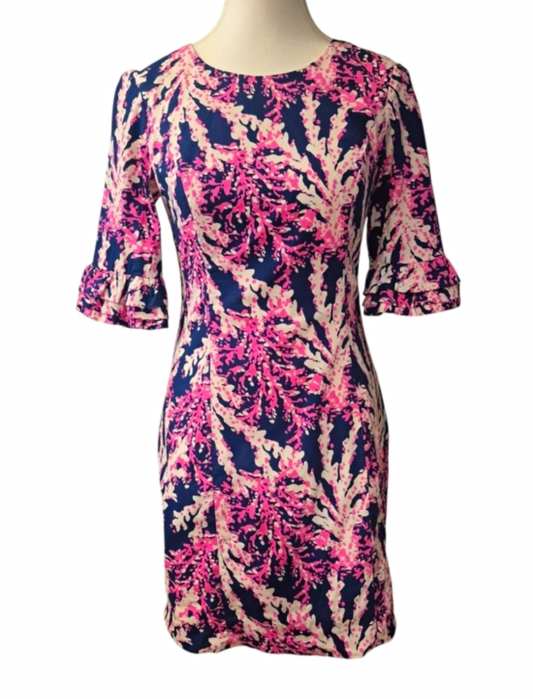 Lilly Pulitzer Women&rsquo;s Navy Pink White Floral Sheath Dress 00 Round Neck 3/4