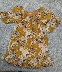 ELENA BALDI Dress Women Small Gold Floral Tiered Ruffle Hem Elastic Neck Italy