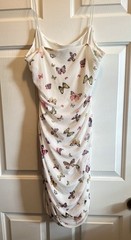 Y2K White Butterfly Ruched Strappy Bodycon Dress L Fairy Gardencore Festival