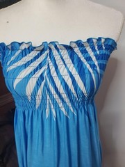 Blue Strapless Maxi Dress with White Leaf Print