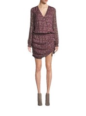 Ramy Brook Vina Silk Lurex Floral Mini Dress XS Burgundy Long Sleeve Ruched NWT