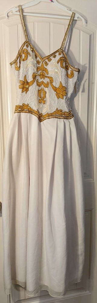 Elegant White & Gold Spaghetti Strap Dress. Sleeveless. Beaded. See size notes!