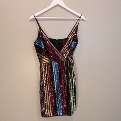BCBGMaxAzria Wrap Dress Rainbow Sequin Concert Festival Pride Style – Size 6