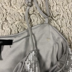 Forever 21 Silver Sequin Stretch Ruffle Mini Dress Womens Small Spaghetti Strap