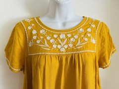 Old Navy Mustard Gold Yellow Bohemian Embroidered Shift Dress Rayon Tunic S