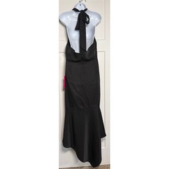 BELLE Badgley Mischka Elynne Asymmetrical Hem Halter Neck Bow Tie Black Gown 14