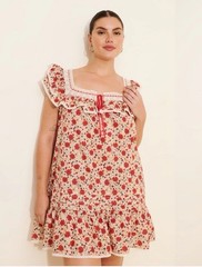 RIXO Laney Floral Mini Babydoll Dress Square Neck Bow Red And White US 10